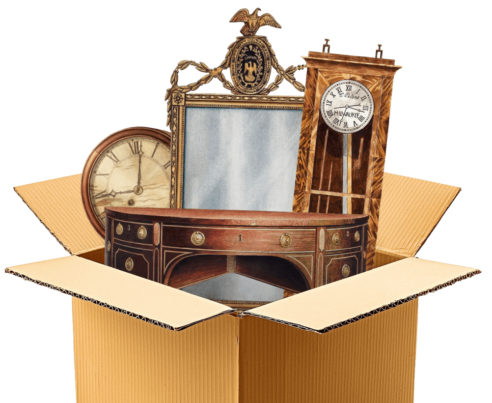 Antique furniture inside a delivery box — chairs, tables, lamps, and mirrors wrapped and ready for transport.