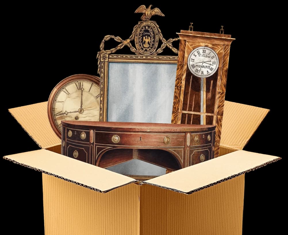 Antique chairs, tables, lamps and mirrors wrapped inside a delivery box