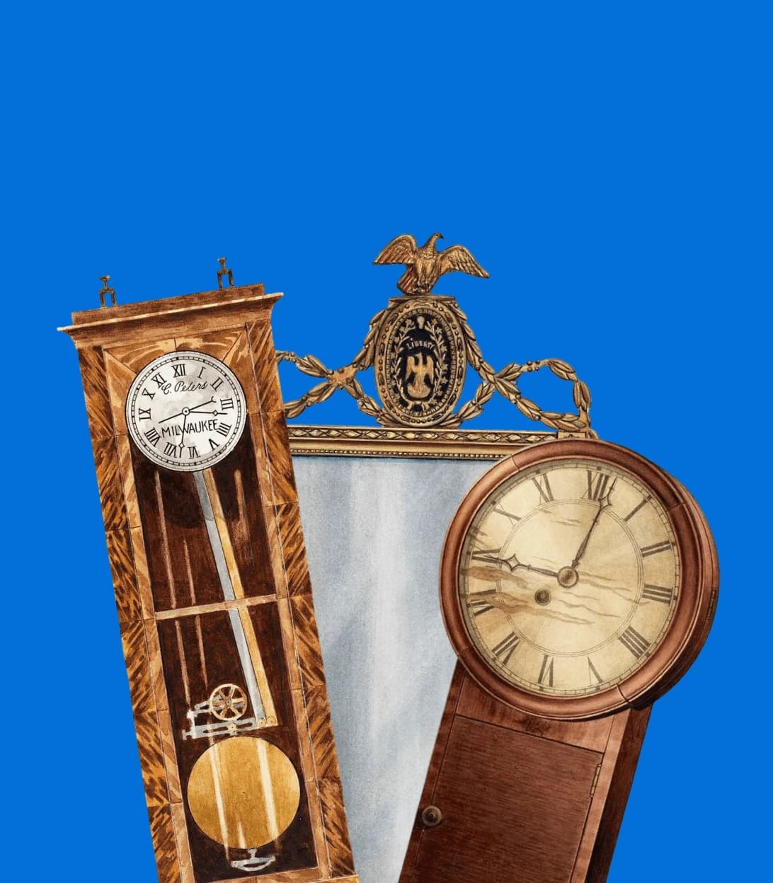Antique grandfather clocks and decorative items in climate-stable storage.