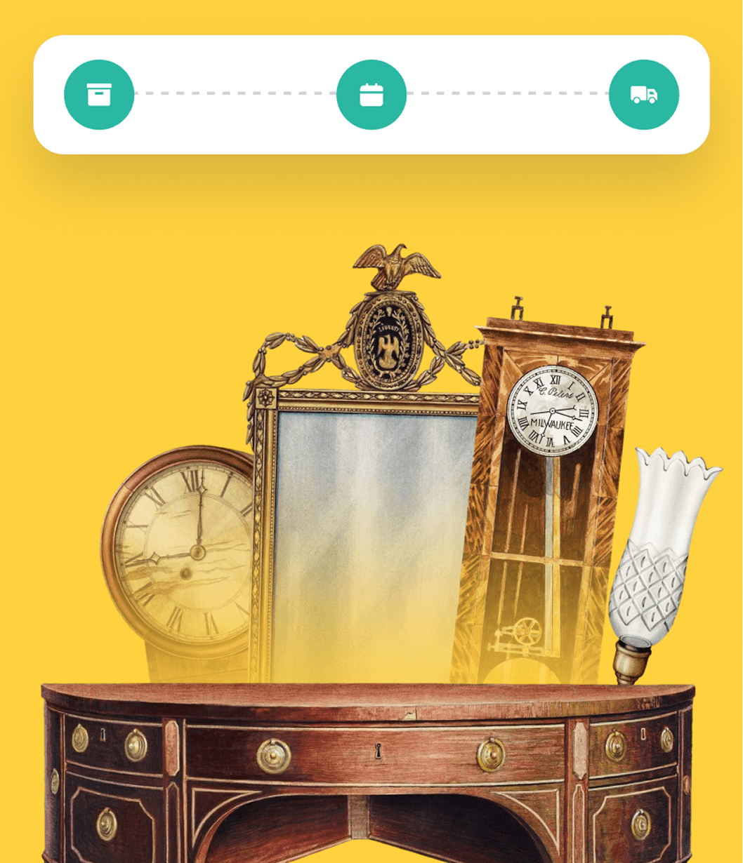 Composite of antique furniture — mirrors, chairs, side tables, decorative objects.