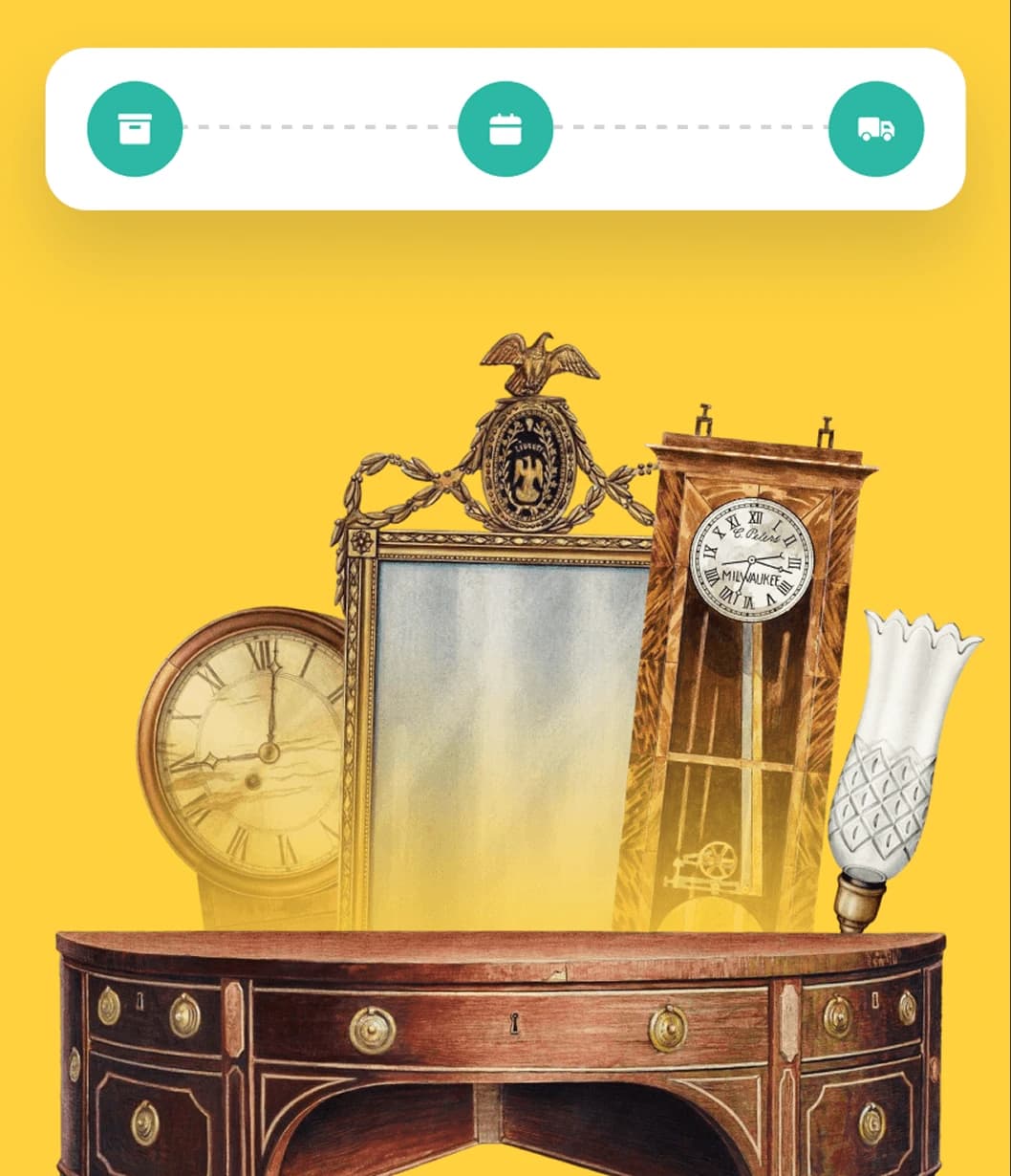 Composite of antique furniture — mirrors, chairs, side tables, decorative objects.