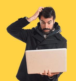 Confused person checking a laptop — no online presence red flag