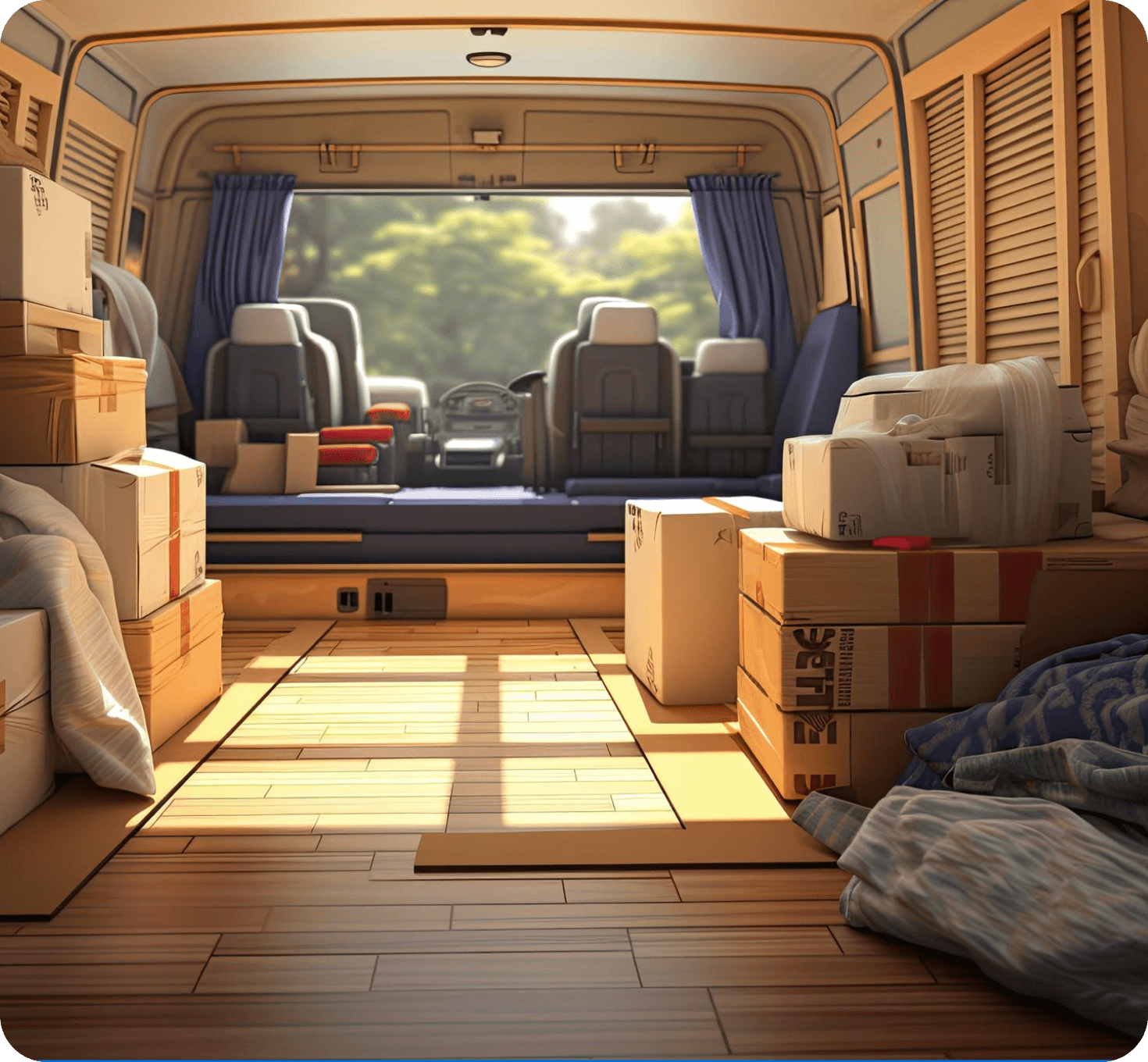 Tidy van load area swept clean with blankets and straps ready
