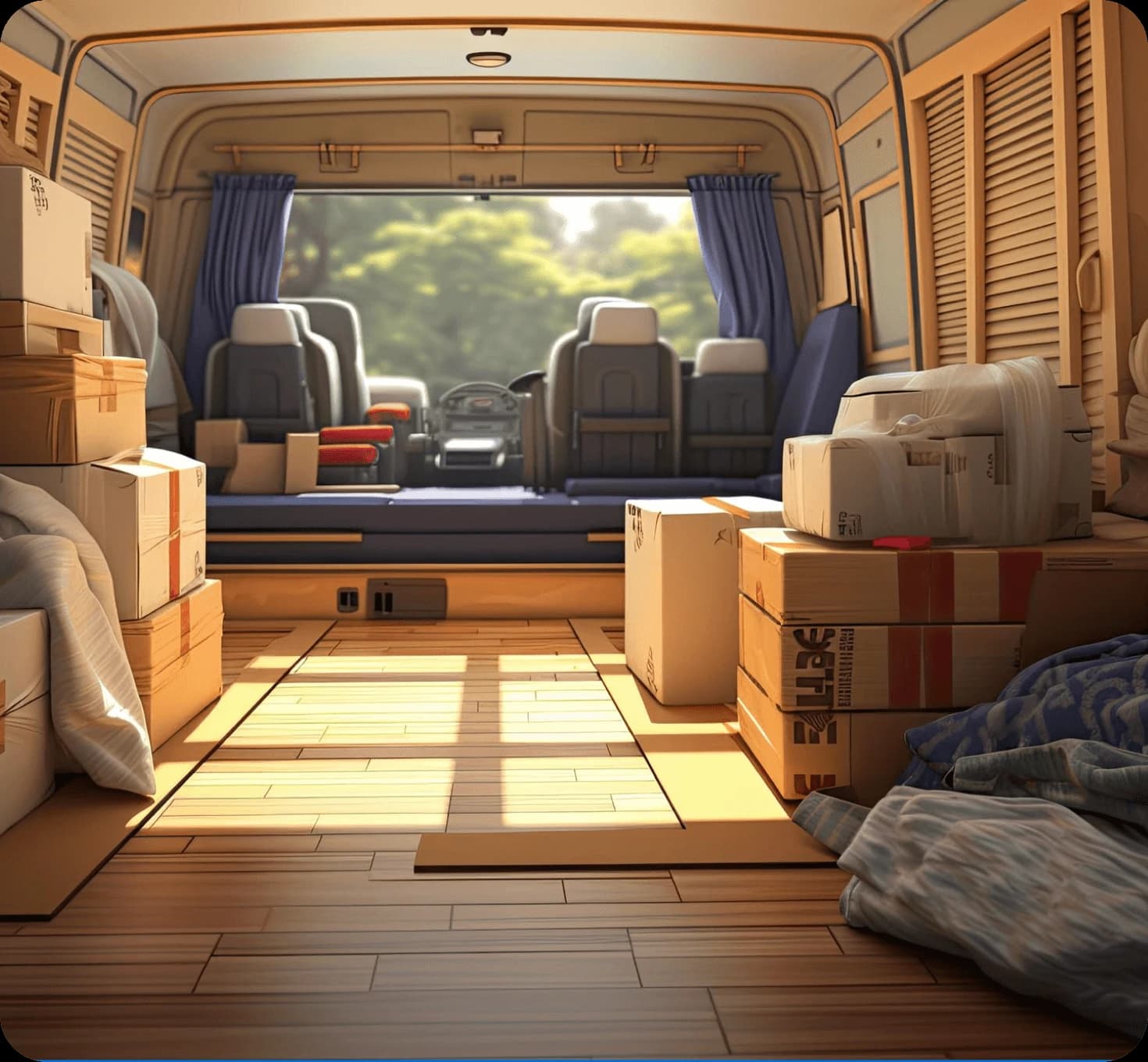 Tidy van load area swept clean with blankets and straps ready