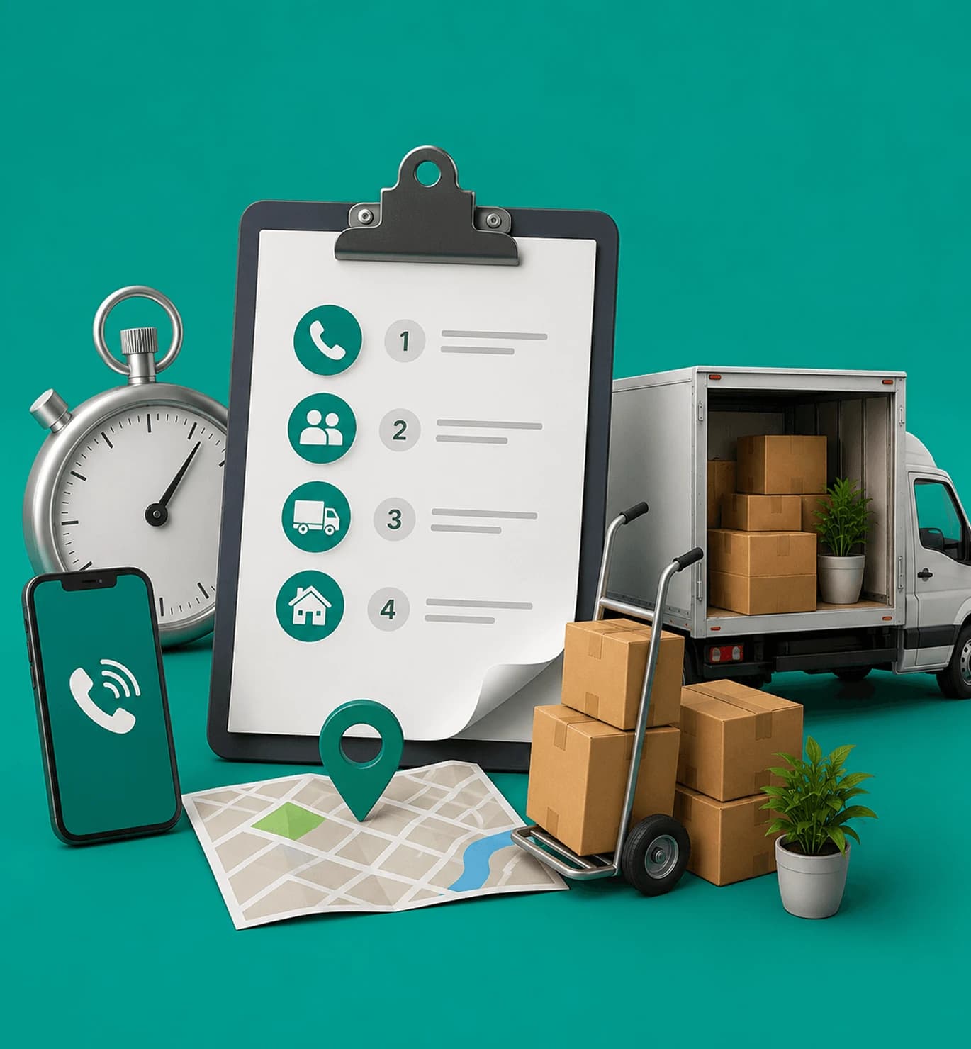 Illustration of the emergency removals booking process and moving truck