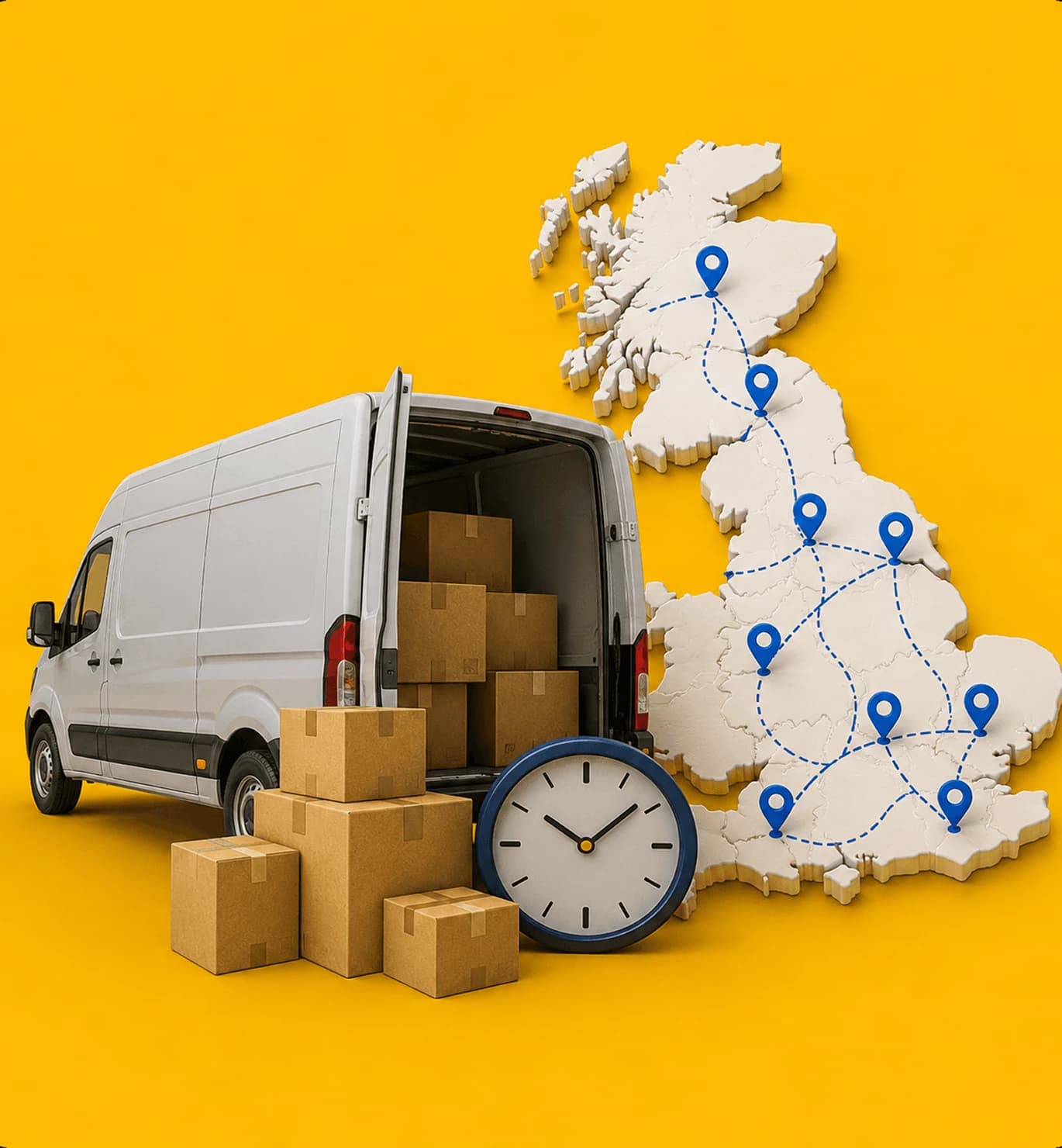 Giant Van removal van beside a UK map showing same-day delivery coverage