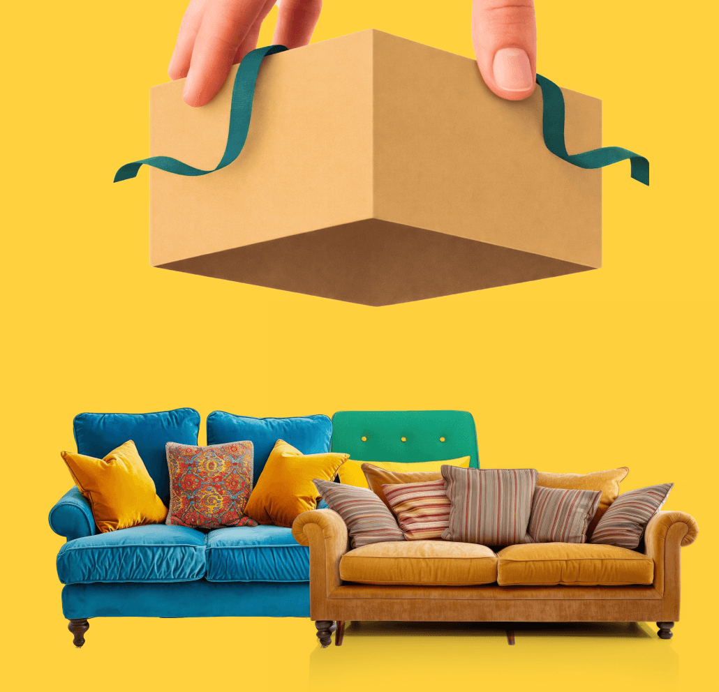 Sofa delivery composite — yellow background with sofas and a hand passing a delivery box.