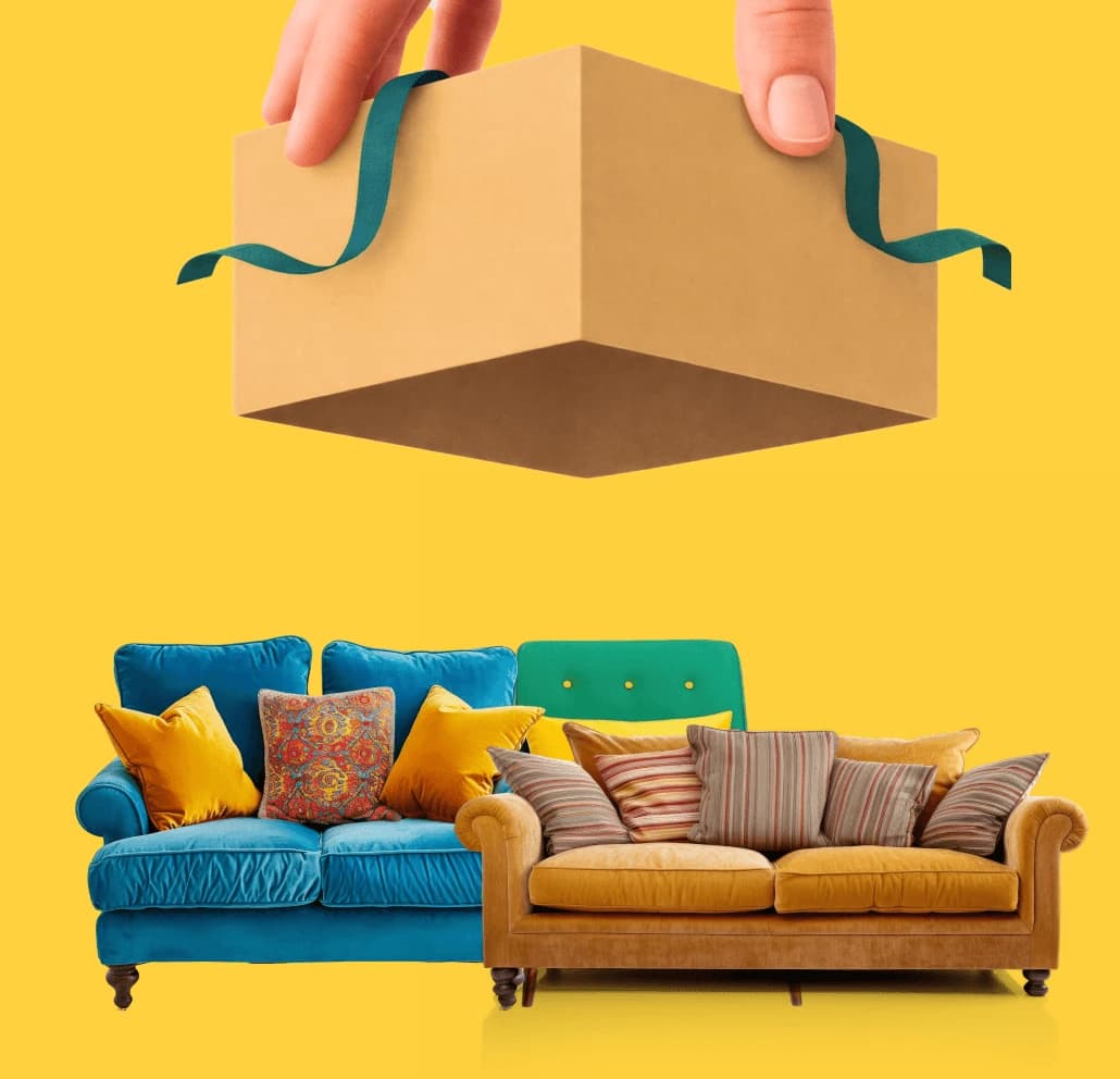 Sofa delivery composite — yellow background with sofas and a hand passing a delivery box.