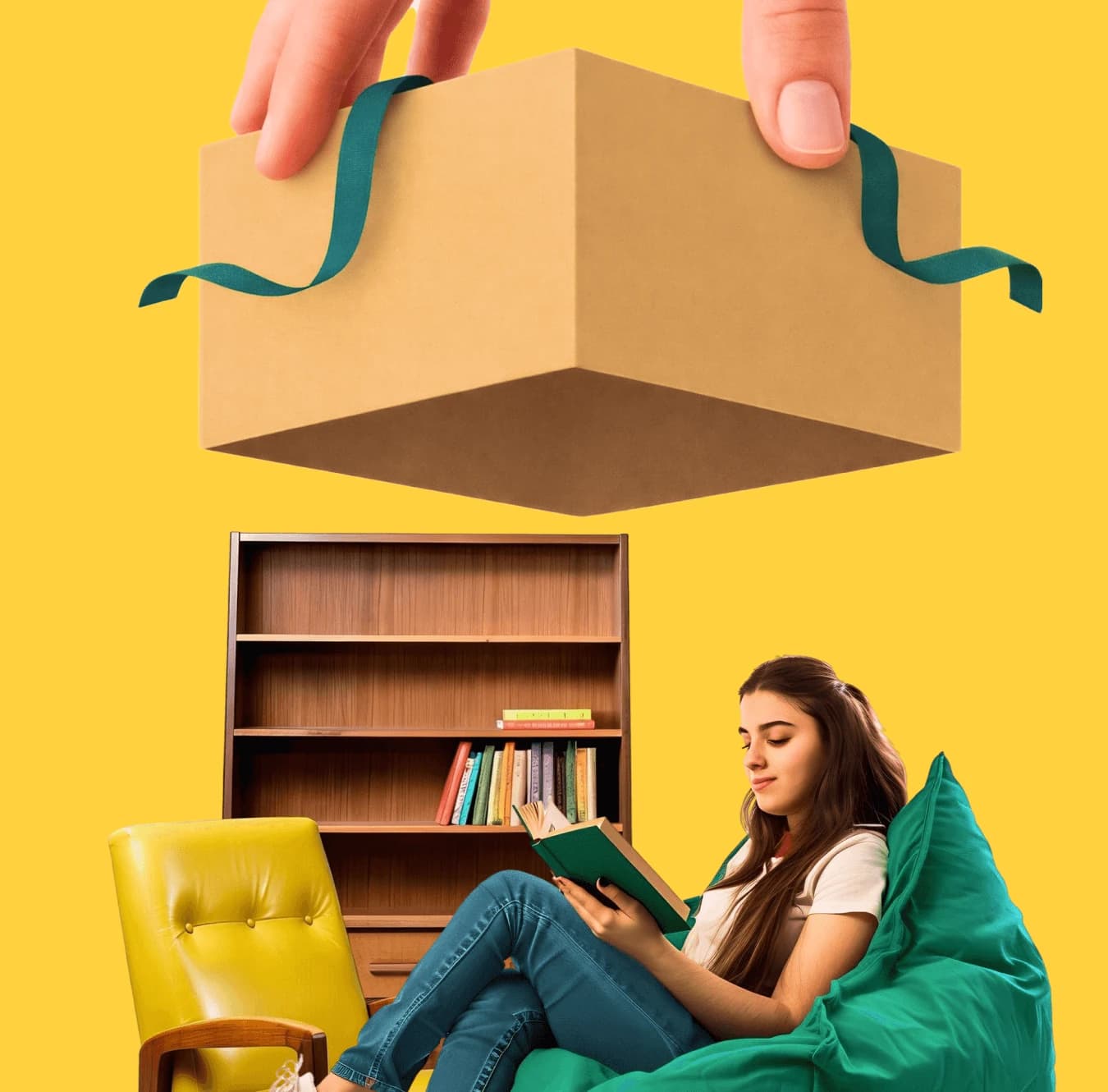 Gift box being lifted, with a person relaxing reading a book