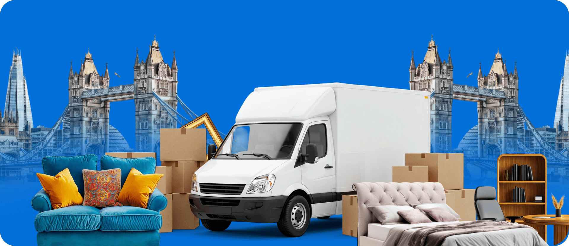 Giant Van removals van with packed boxes outside a London property