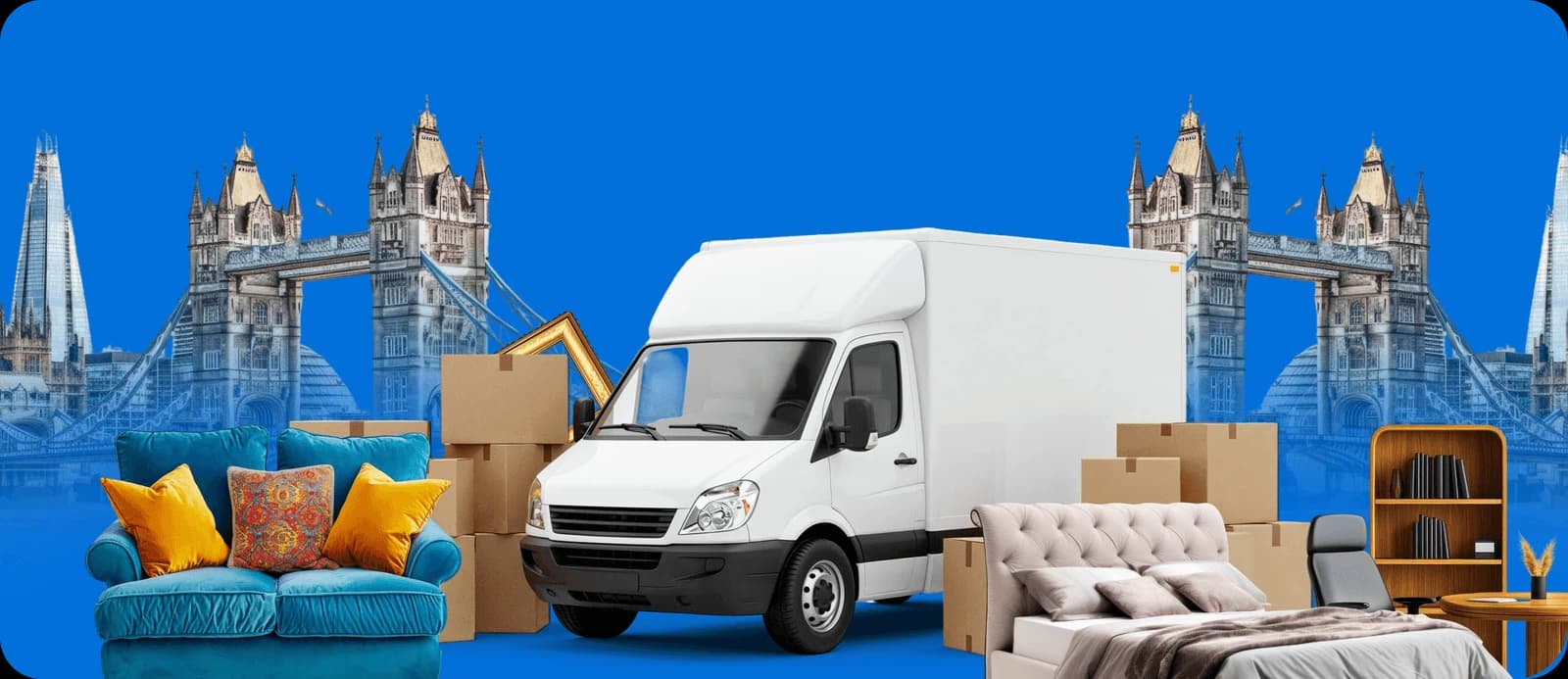 Giant Van removals van with packed boxes outside a London property