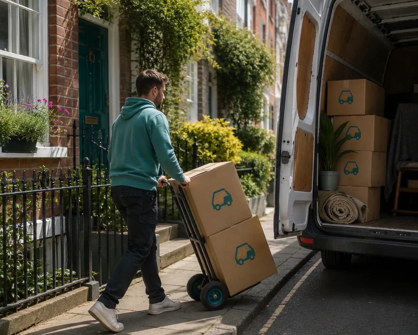 A Giant Van mover wheeling boxes on a trolley to a van on a leafy UK street