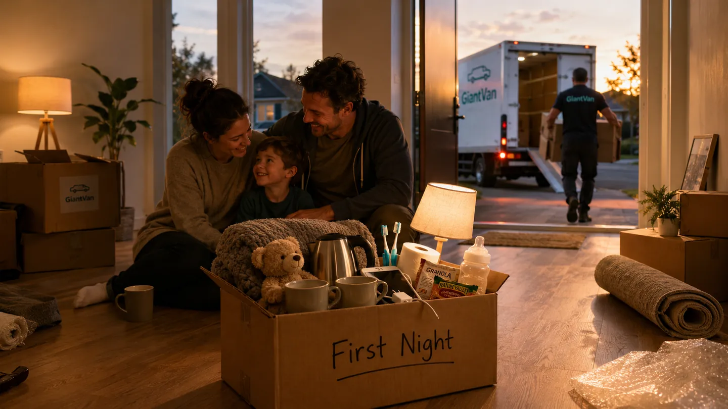 A family relaxing in their new home at dusk beside a Giant Van ‘First Night’ moving box, with a Giant Van truck visible at the door