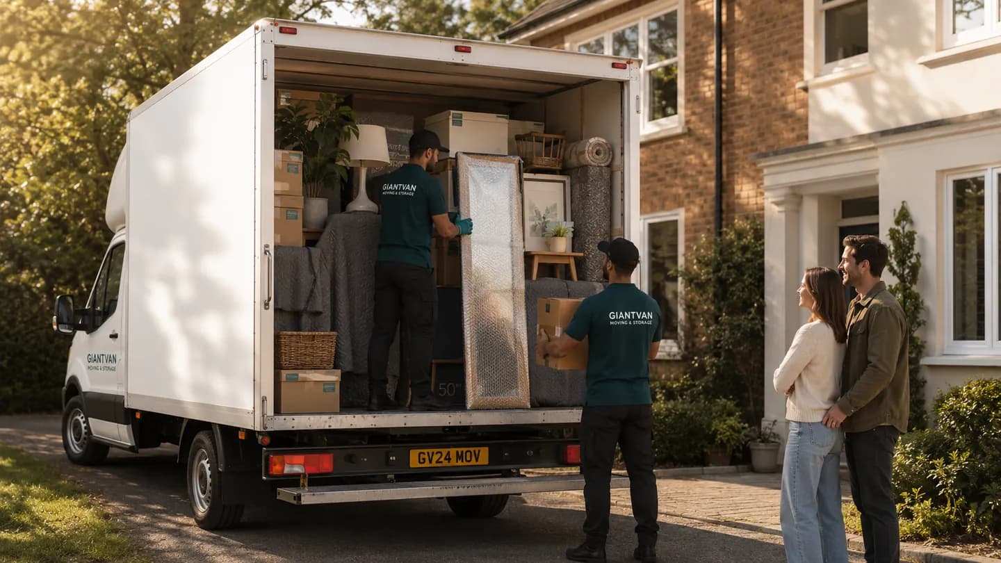 Giant Van movers loading furniture into a Luton van outside a house at golden hour