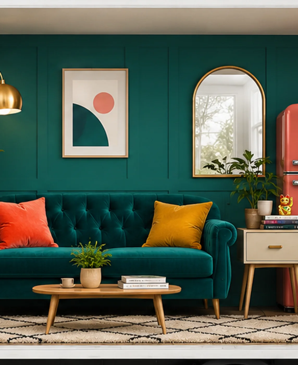 A smiling Giant Van mover beside a Luton van with its rear open, revealing a fully styled living room — UK house removals and furniture delivery