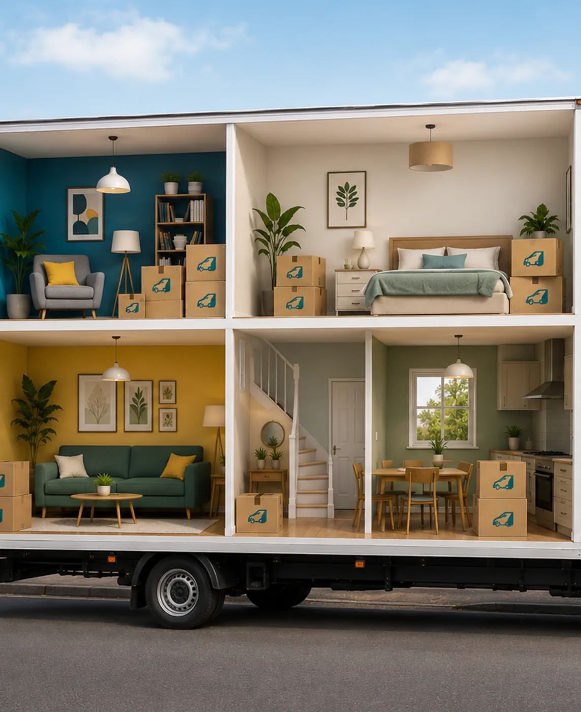 A Giant Van moving truck with a cutaway showing furnished rooms full of branded moving boxes — full-service home removals