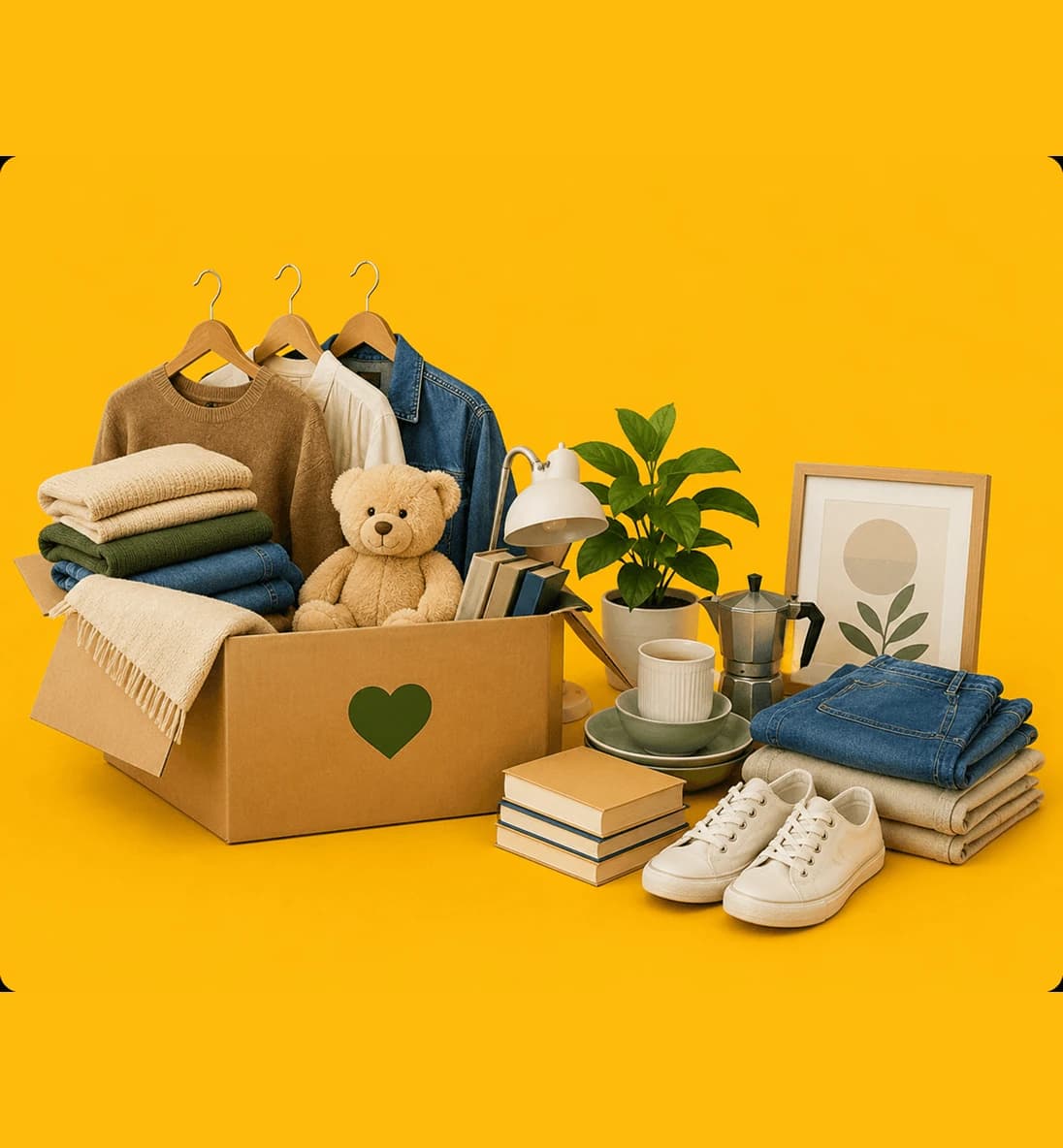 Teddy bear, stacked storage boxes and books prepared for donation after a house clearance