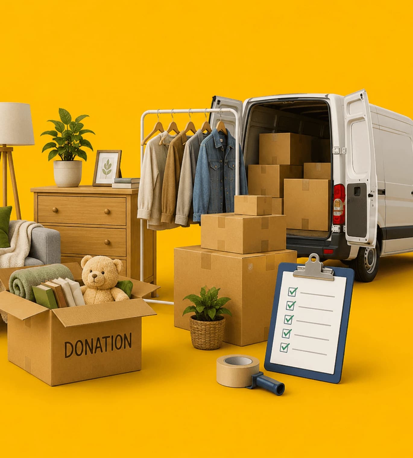 Storage boxes, clothing on a rack and a donation crate of house clearance items
