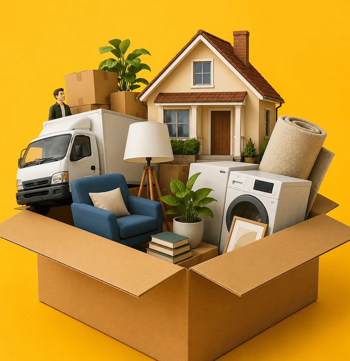Removal team with labelled boxes on a property doorstep during a house clearance
