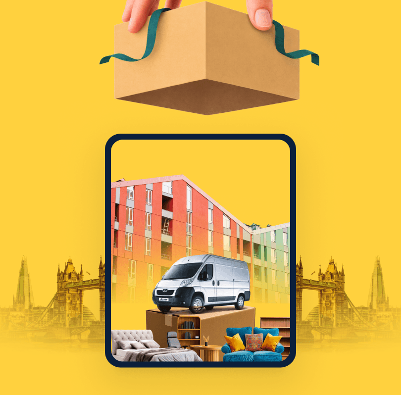 3D composite showing a studio flat removal scene — sofa, packed boxes, Giant Van delivery van against a London skyline.