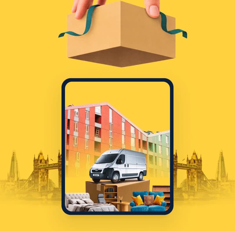 Studio flat removal scene: sofa, packed boxes and a Giant Van delivery van