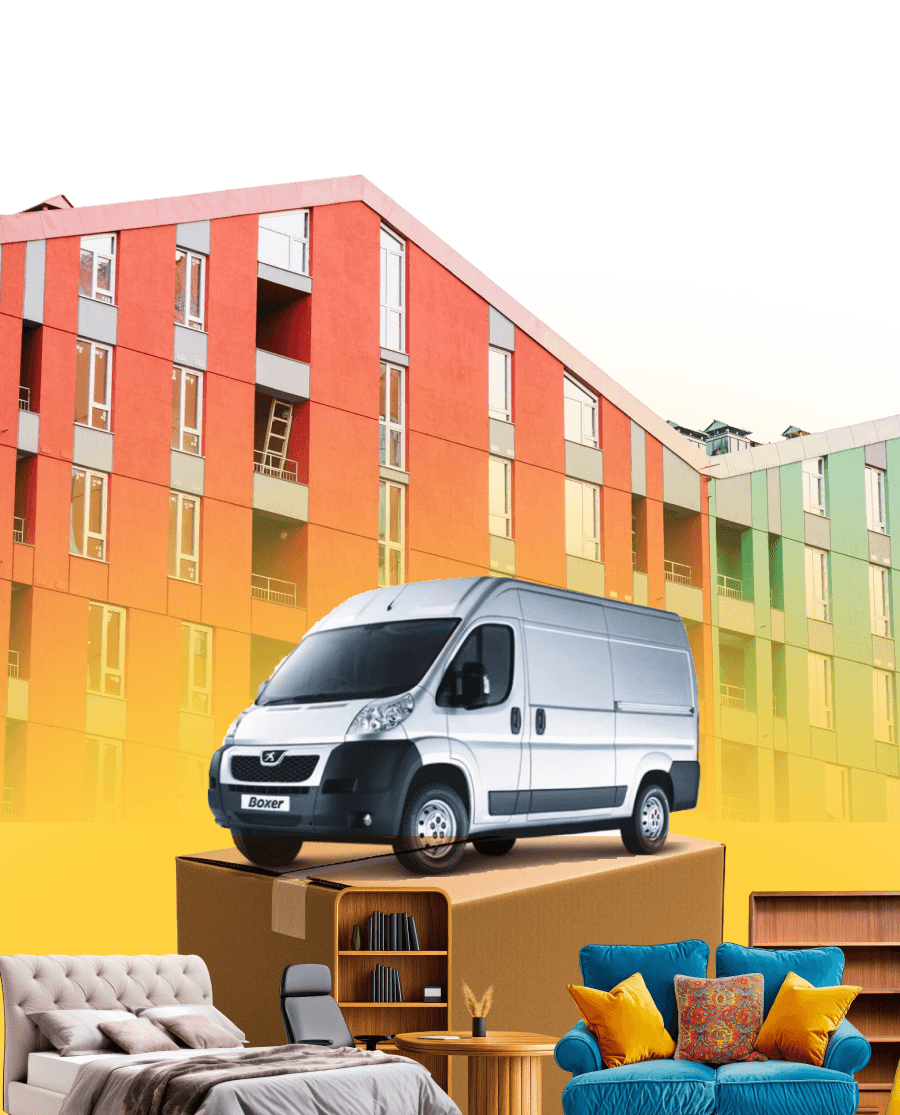GiantVan Transit van loaded with boxes and a sofa outside a UK studio flat, ready to move on the same day.