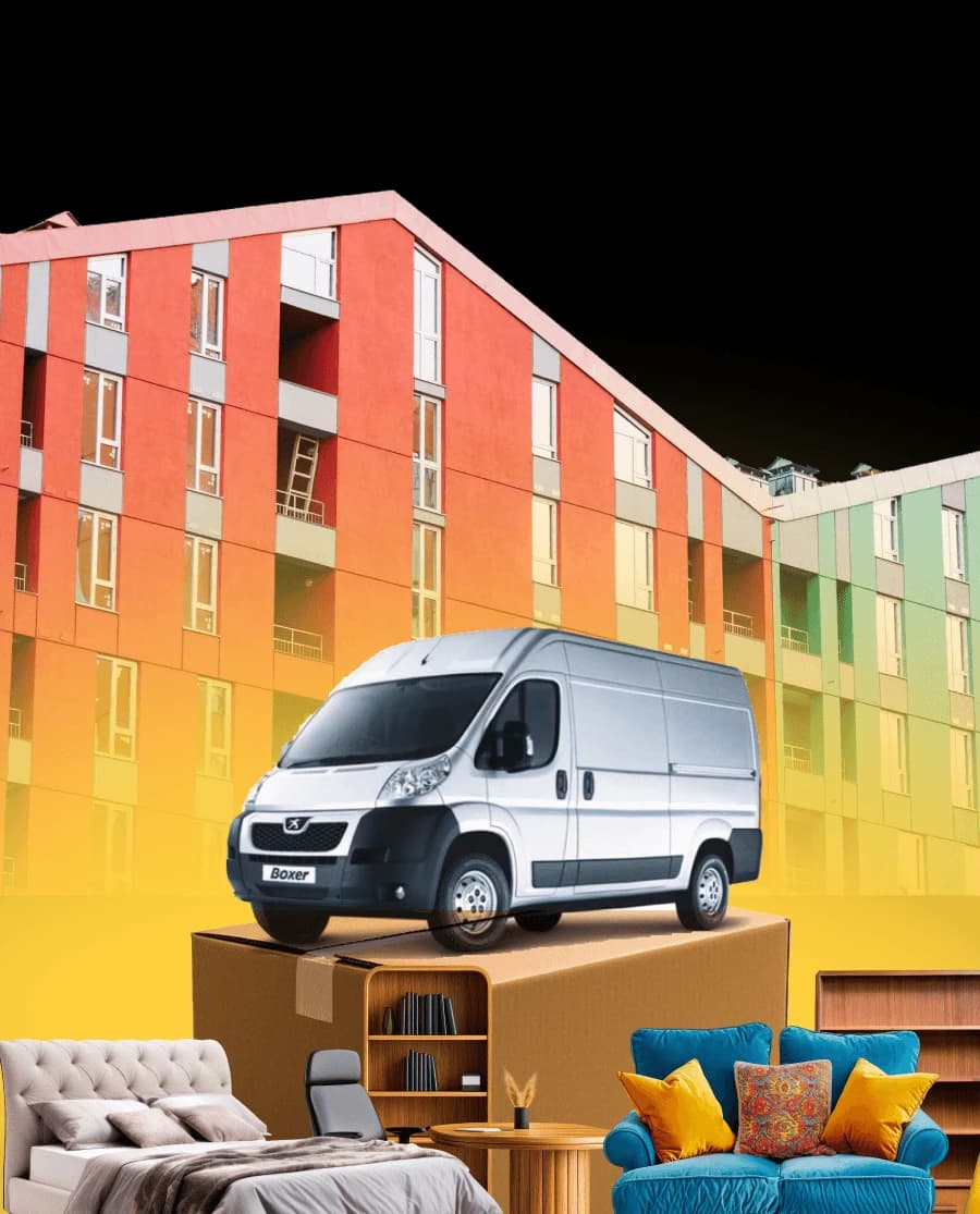 Giant Van Transit van loaded with boxes and a sofa outside a studio flat