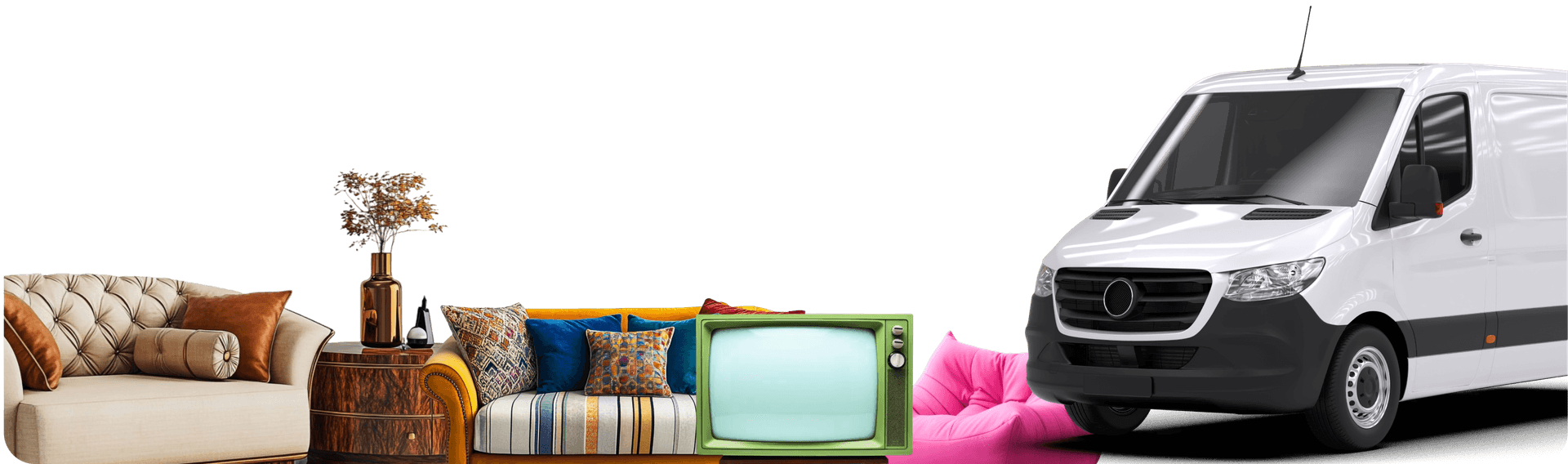 Giant Van moving truck and a colourful pile of furniture — sofa, retro TV, table lamp, and packed boxes — ready for a same-day move.