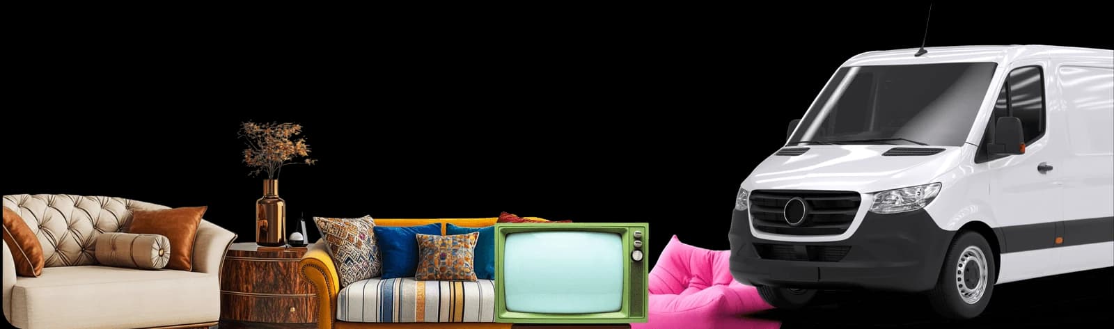 Giant Van moving truck with a sofa, retro TV, table lamp and packed boxes