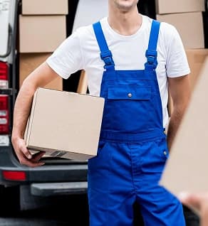 Driver carrying packed boxes with proper moving equipment.