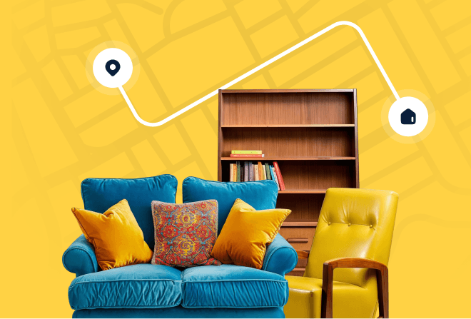 Stylised route map between two locations with a pickup pin and house destination pin — illustration of last-minute booking dispatch.