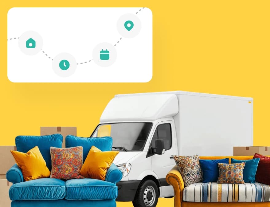 Van, single-item delivery and a service-icon card illustrating last-minute removals