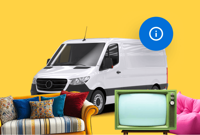 Giant Van moving truck with surrounding furniture pieces on a bright yellow background — illustration of the short-notice service in action.