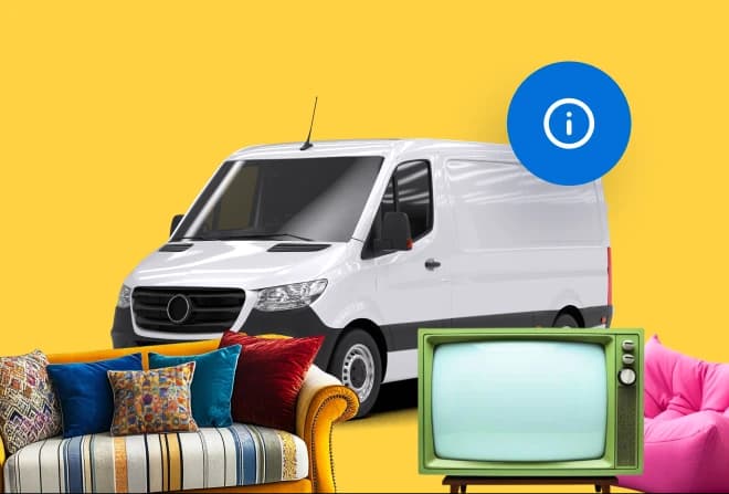 Giant Van moving truck surrounded by furniture on a bright yellow background