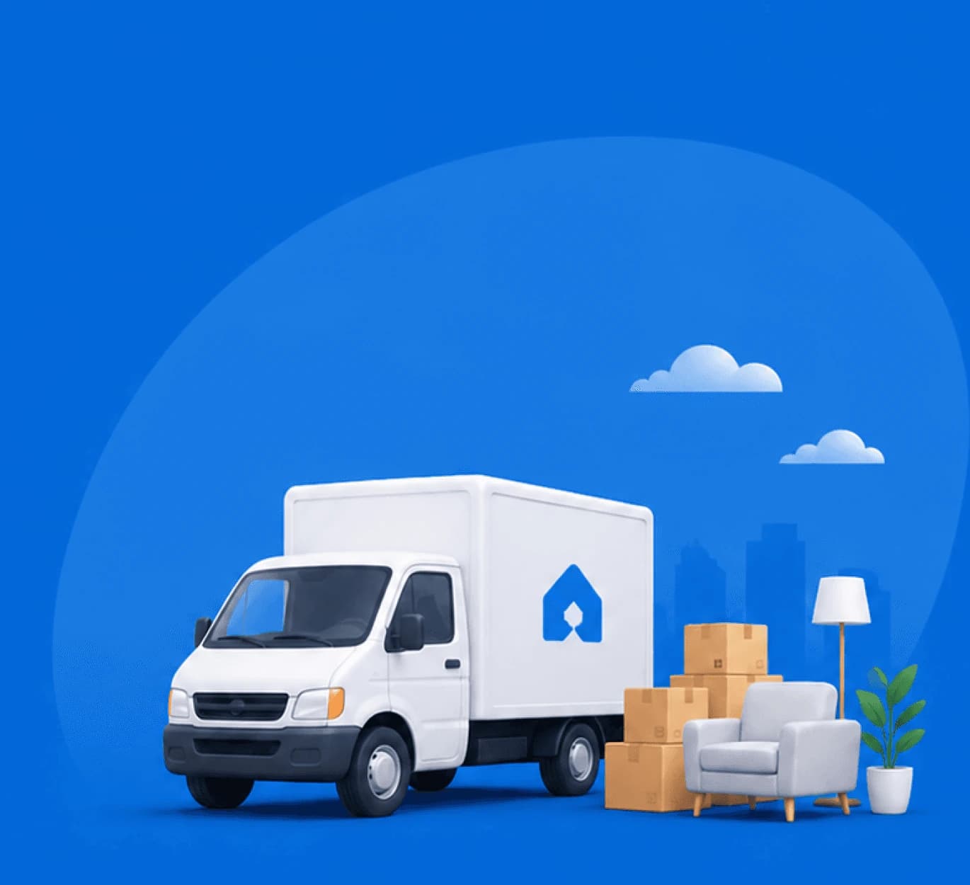 White delivery truck with moving boxes and furniture on a blue background