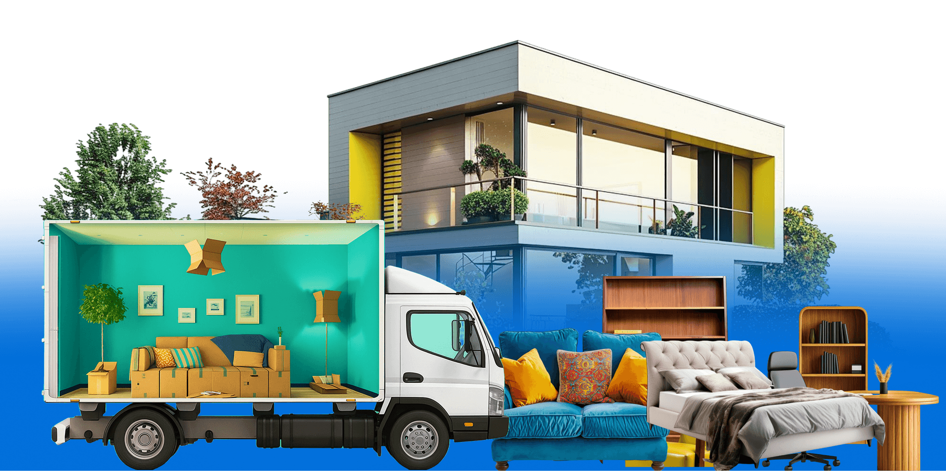 Giant Van delivery van pulled up at a modern new build house with stacked furniture and protection materials in the foreground.