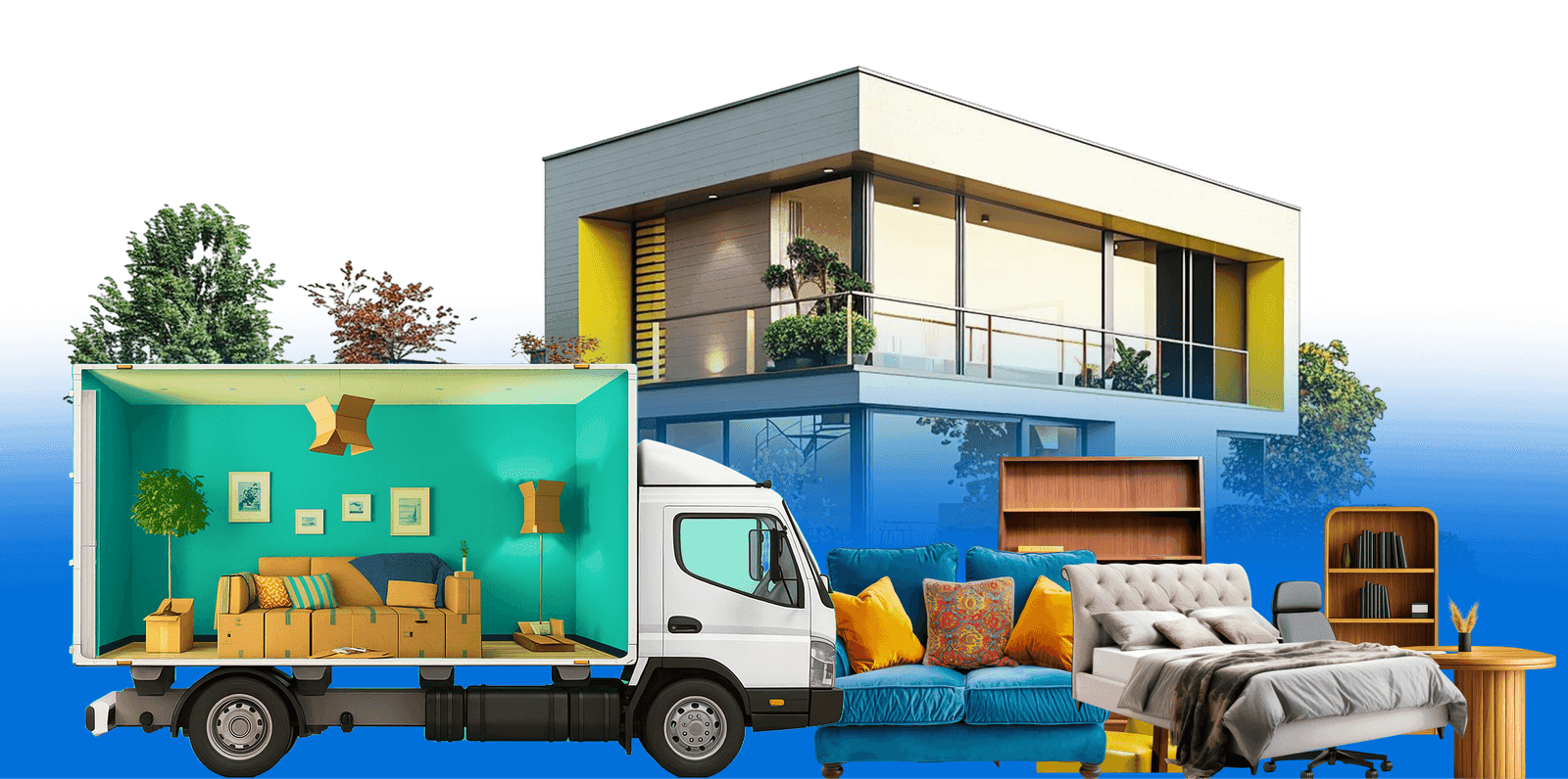 Giant Van delivery van at a new build house with stacked furniture and protection materials