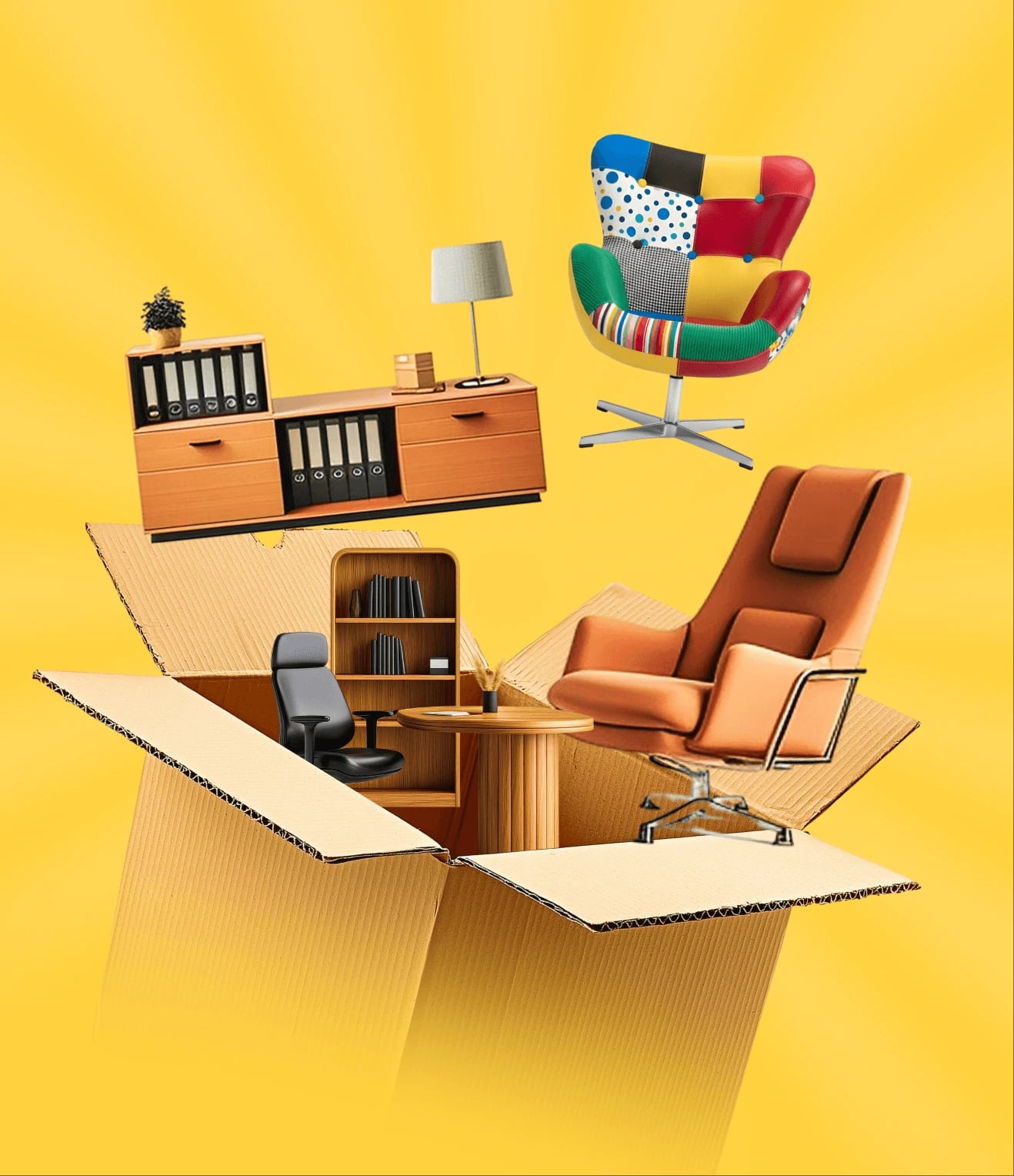 Illustration of office furniture packed into a moving box
