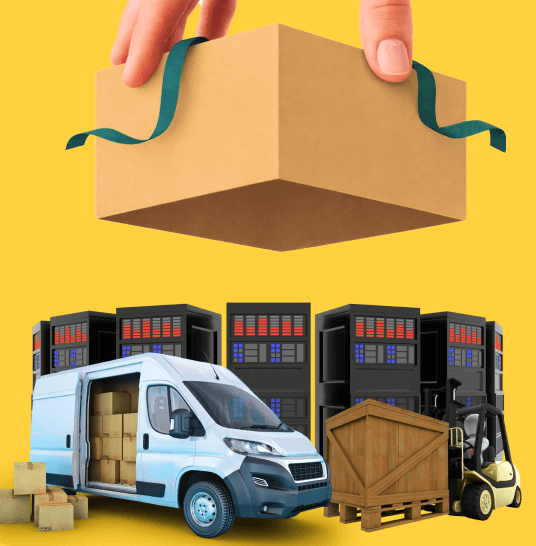 Giant Van server room move — racks, UPS units, and tail-lift vehicle.