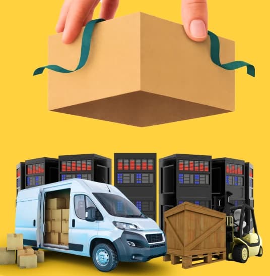 Giant Van server room move — racks, UPS units, and tail-lift vehicle.