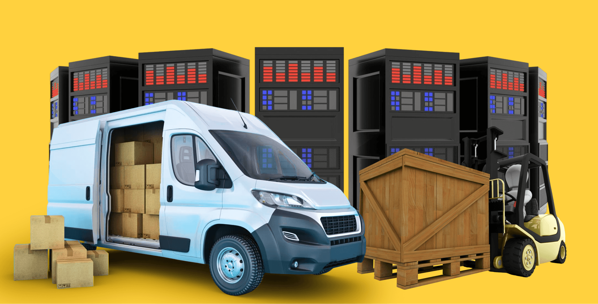 Giant Van server room relocation crew loading rack-mounted servers, UPS units, and ESD-safe crates into a tail-lift vehicle.