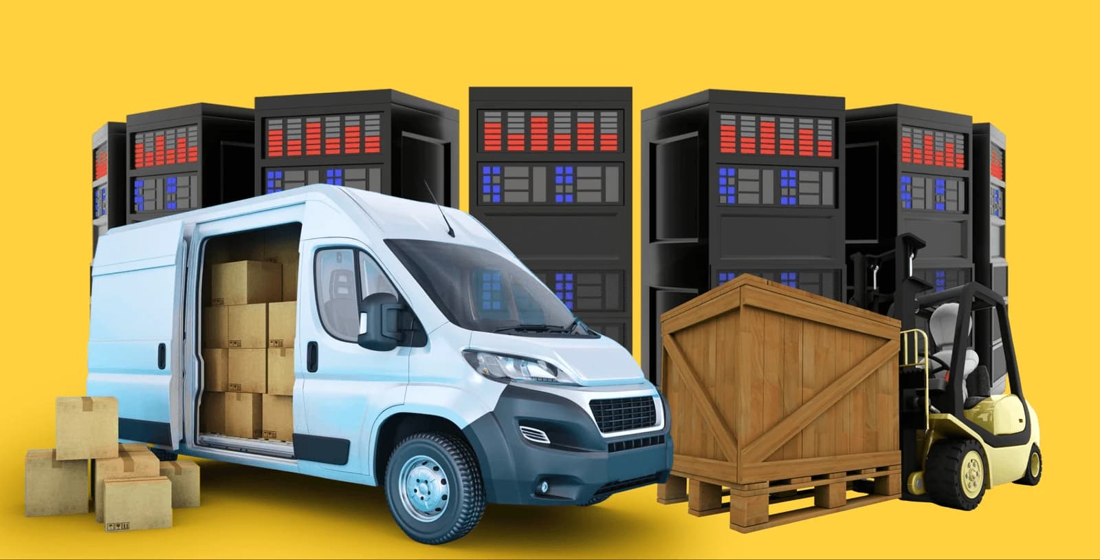 Crew loading rack-mounted servers and UPS units into a tail-lift vehicle
