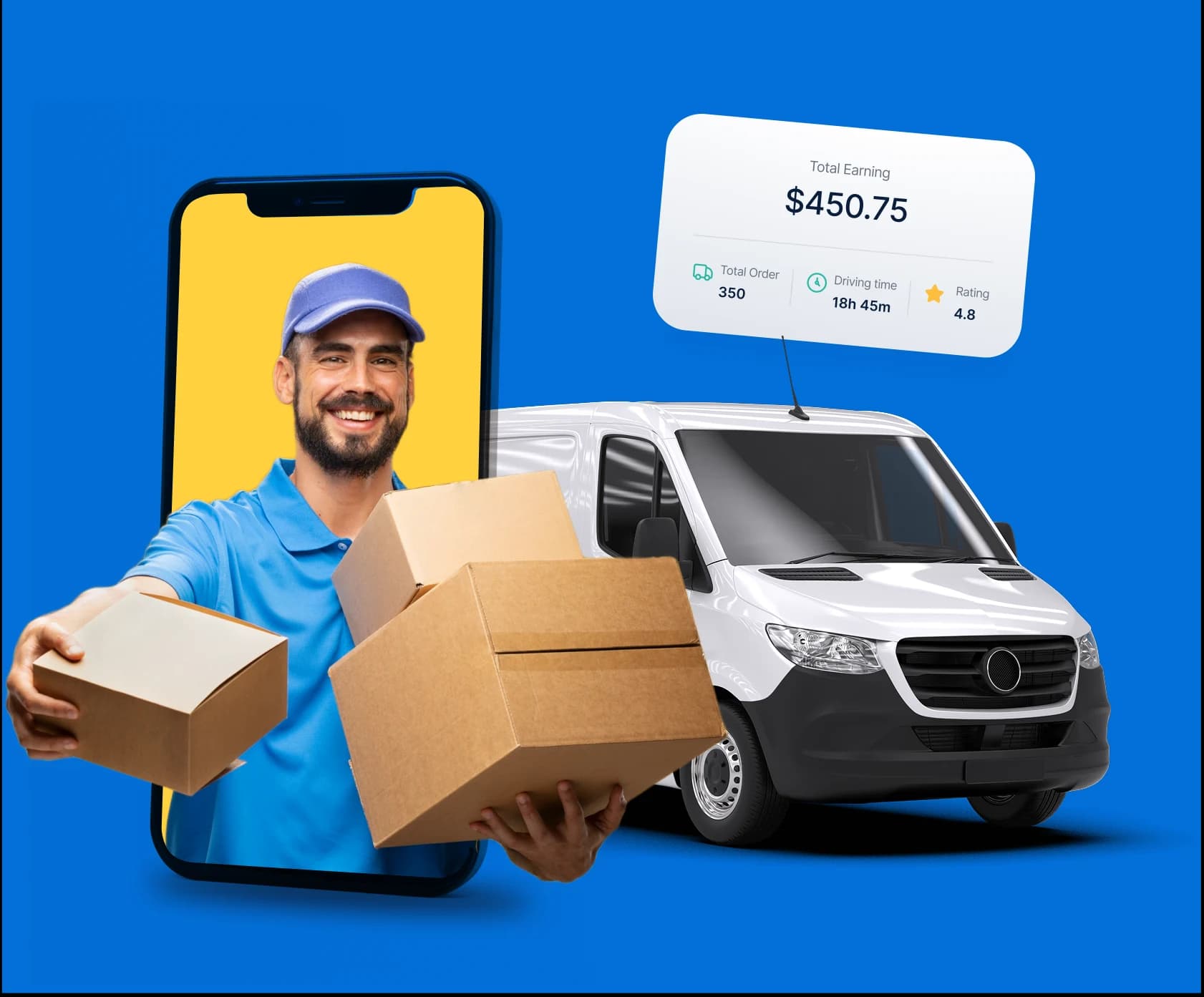 Giant Van driver stepping out of a phone screen carrying parcels, beside a white delivery van and an earnings summary