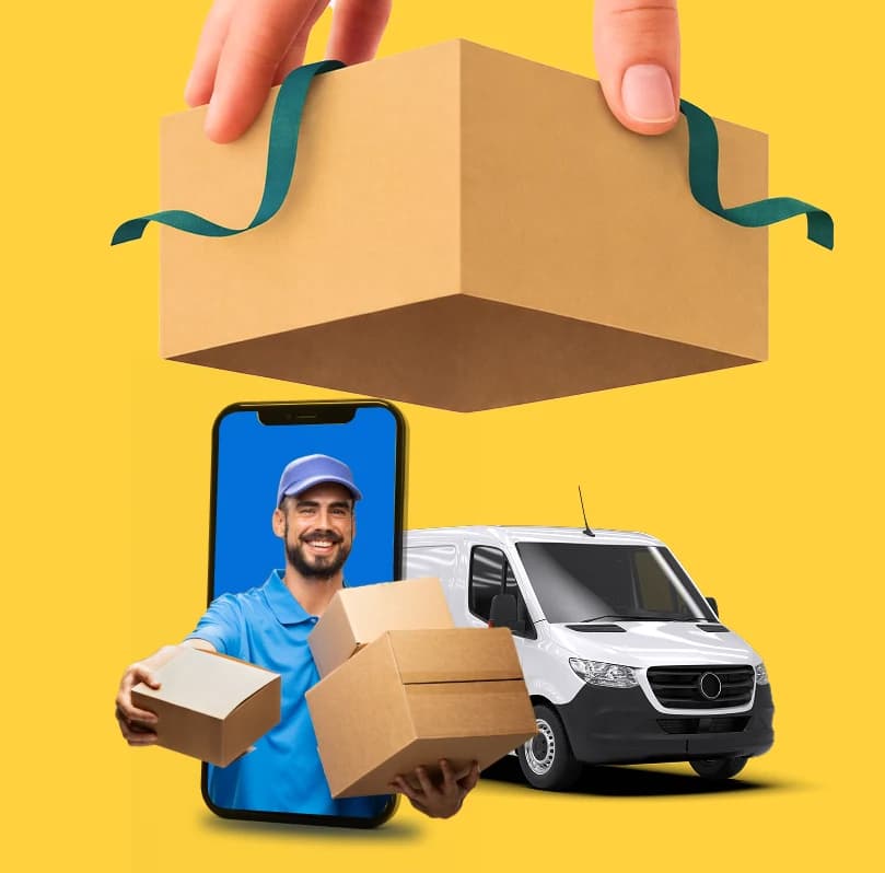 Giant Van driver holding parcels beside a delivery van, below a hand lifting a cardboard box