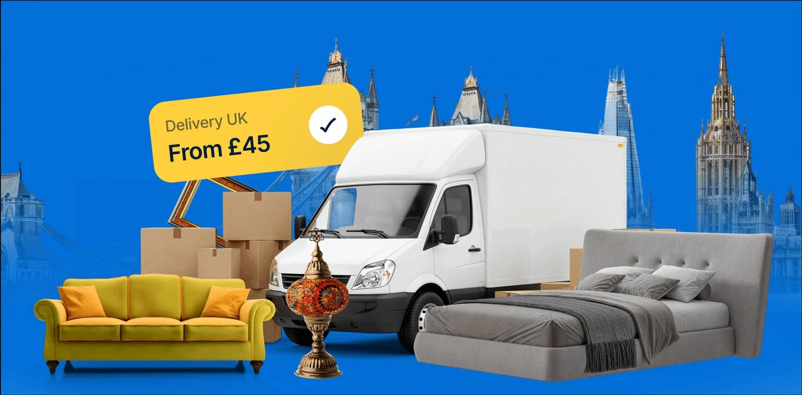 Giant Van two-man team carrying a divan bed into a UK home