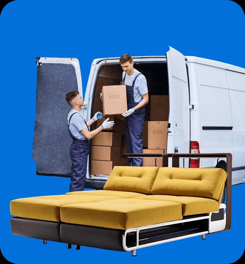 Giant Van crew loading a bed frame for fast bed delivery across the UK.