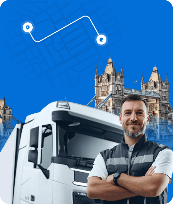 Giant Van removal driver standing by a van, with a route map overlay