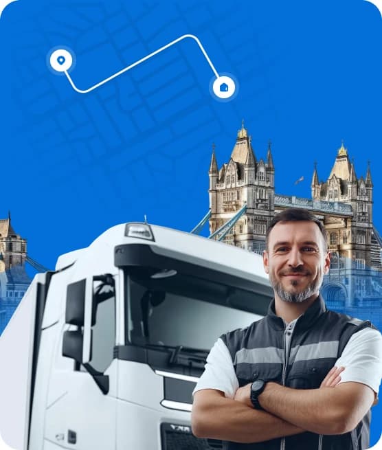 Giant Van removal driver standing by a van, with a route map overlay