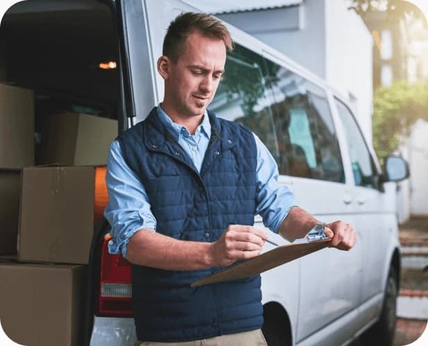 Giant Van business account manager with clipboard by a removals van