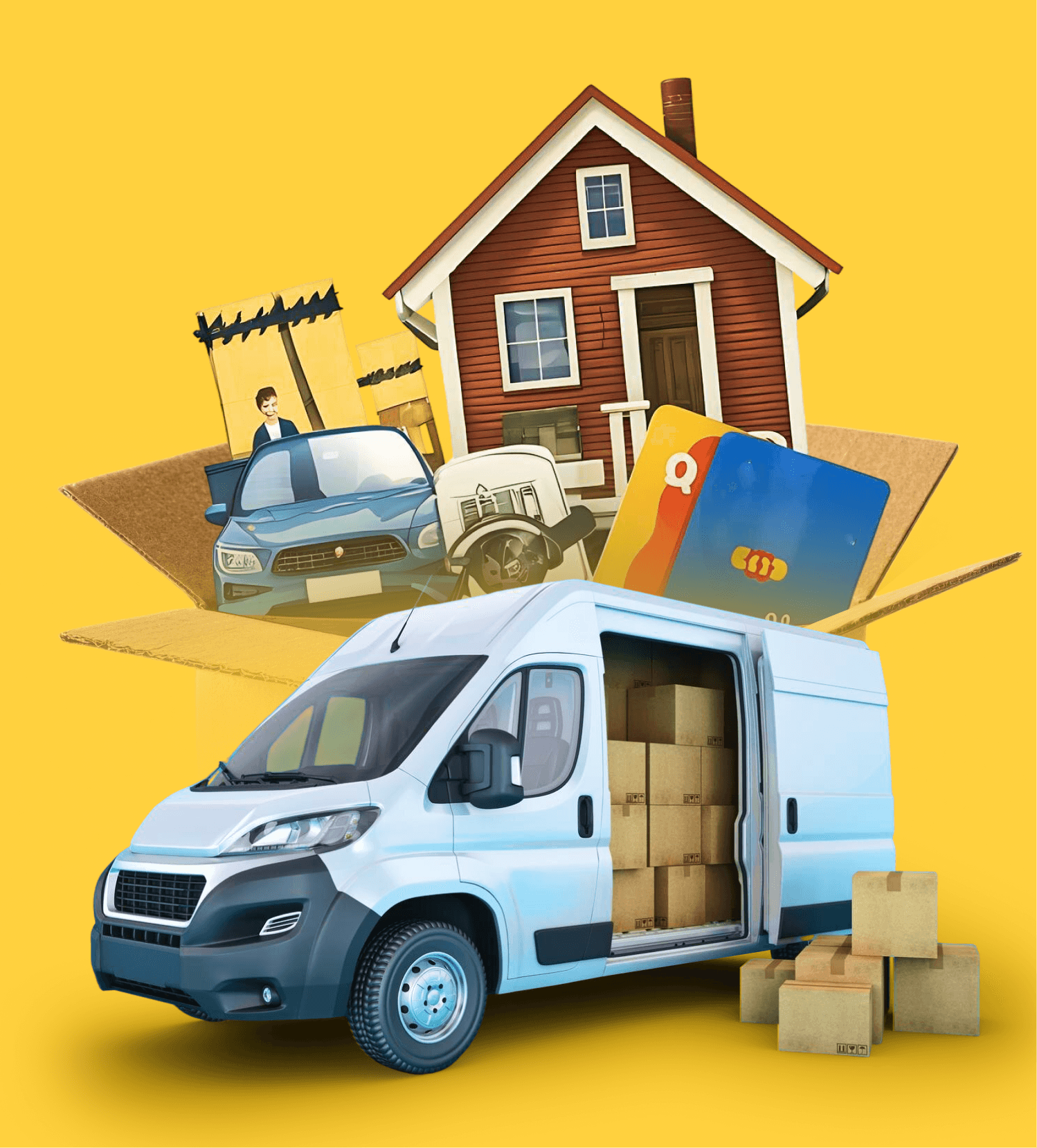Giant Van crew clearing a loft and garage — boxes, old furniture and a removal van ready to take items away